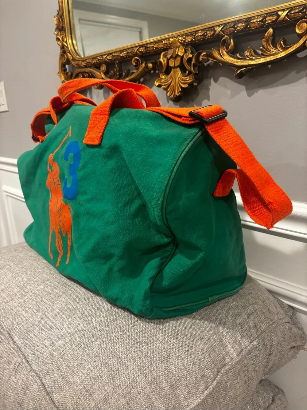 Polo by Ralph Lauren Green Canvas Duffel with Orange Trim and Blue Accent